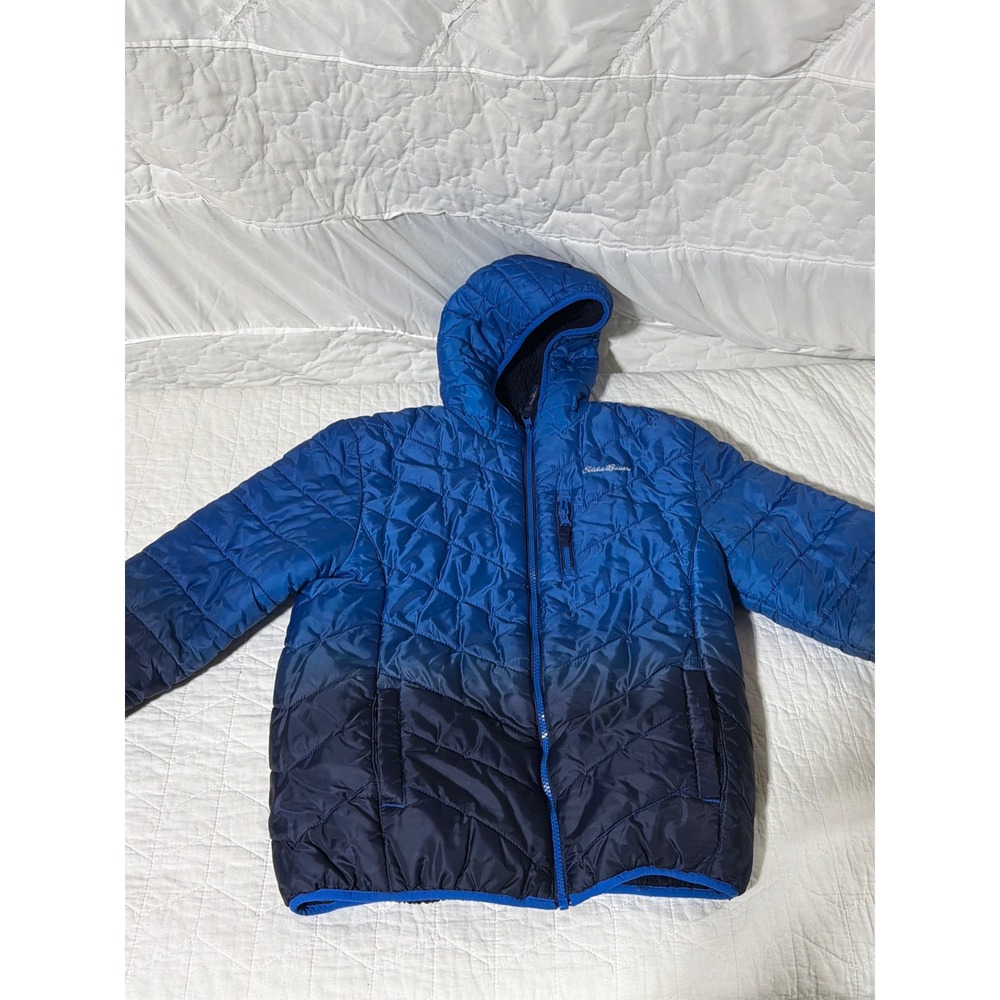 Eddie Bauer Kids 14/16 Quilted Hooded Puffer Jacket Blue Reversible Sherpa